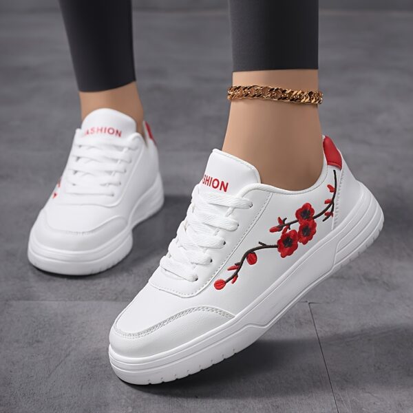 Women'S Floral Embroidered White Sneakers - Low-Top Lace-Up Casual Shoes with Pink Accents, Breathable Fabric Lining & Cushioned PHYLON Sole for All-Season Comfort, Running, Travel, Casual Attire, Ladies Sneakers, Travel Footwear, Elegant Footwear, Durable Footwear - Image 9