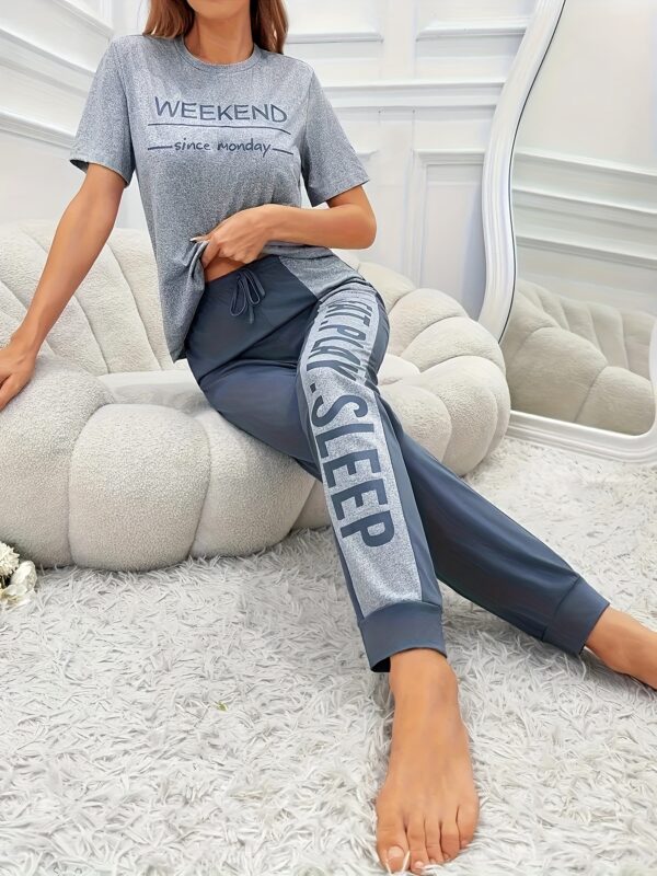 Color Block Casual Short Sleeve Long Pants Women's Pajama Set - Image 13