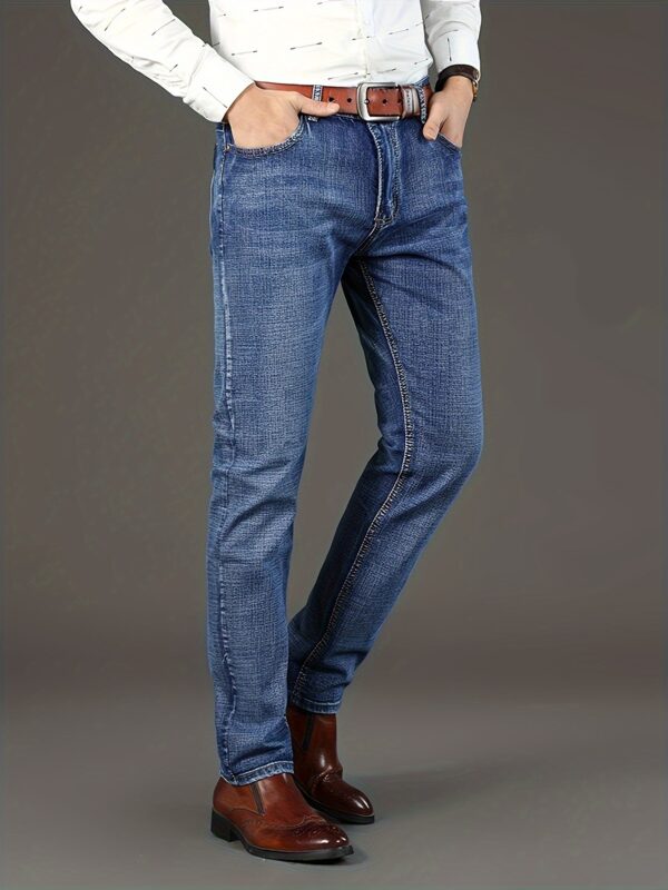 1pc Men'S Classic Denim Jeans - All-Season Stretch Regular Fit Solid Color Washed Basics, 64.5% Cotton, 33.5% Polyester, 2% Spandex, Woven Fabric, Casual Business Work Pants - Image 5