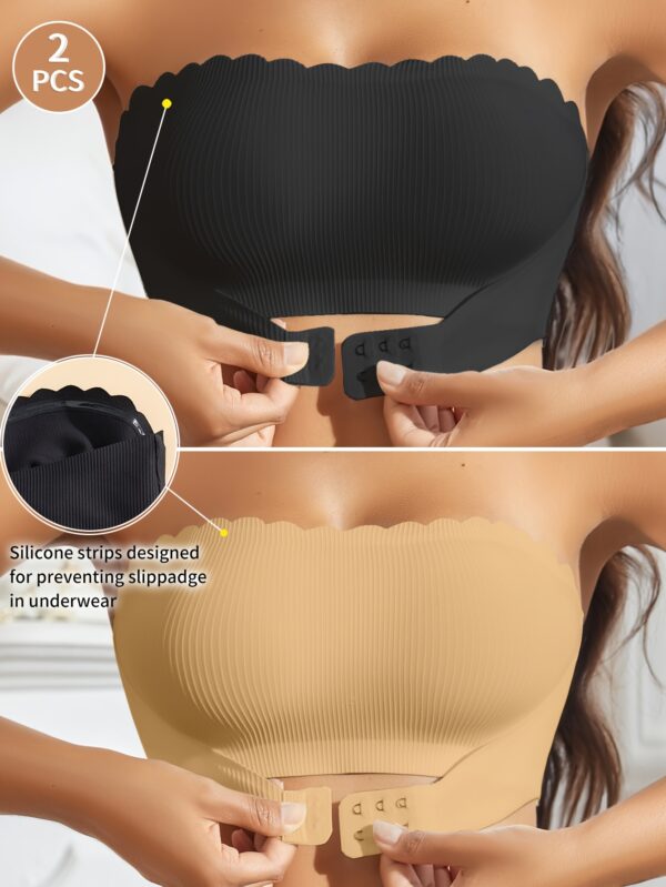 2pcs European Style Minimalist Wavy Edge Cutout Front Buckle Sexy Comfort Soft Cup Camisole with Pads Non-Slip Strapless Women's Bra