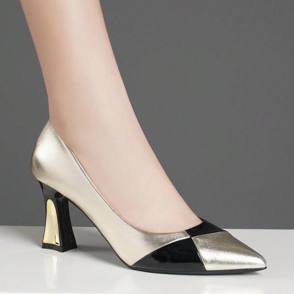 Women'S Pointed Toe Block Heel Pumps - Golden & Black Synthetic Cover Dress Shoes with Sparkling Accents, 8.99cm High Heels for All-Season Formal & Professional Wear, High Heel Shoes, Formal Footwear, Elegant Footwear, Durable Rubber Sole - Image 4