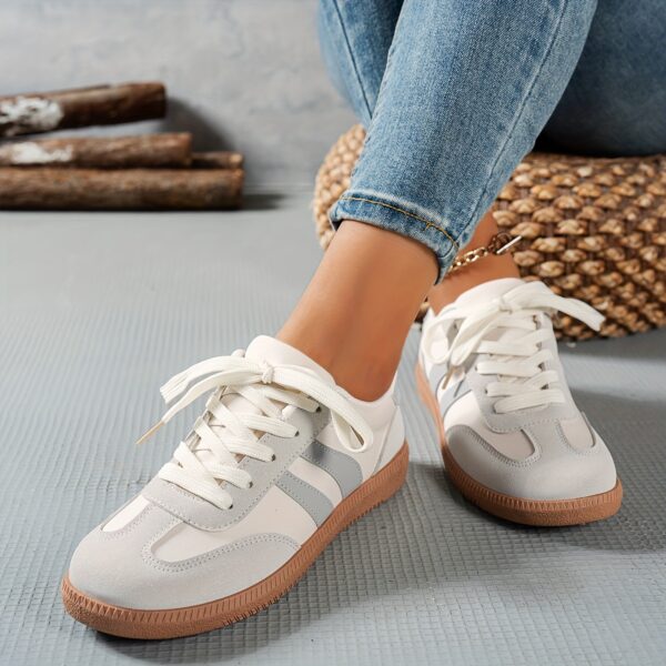 Women's Casual Sneakers - Low-Top Lace-Up Geometric Color-Block Design (White/Navy/Red) | Synthetic Cover & Fabric Upper, Breathable EVA Cushion & Durable PVC Sole | Spring Fashion Versatile Shoes for Daily Commute, Students & Casual Outfits, Ladies Sneakers - Image 10