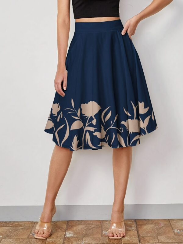 Women'S Elegant Floral Print A-Line Skirt - High-Waisted, Flowy Design with White Flowers on Dark Blue, Perfect for Vacation or Casual Outings, Casual Outing Attire | Floral Print Skirt | Polyester Fabric