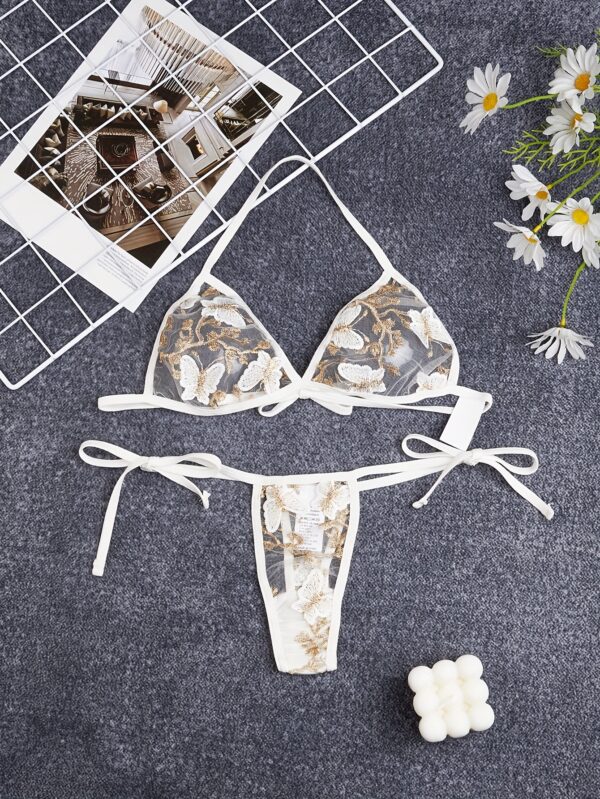 Y975 Butterfly Embroidery Mesh Lingerie Set - Sexy Drop Waist Thong with Golden & White Butterfly Design, Light Support, No Padding, Adult Women'S Fashion, Elegant Lingerie|Butterfly Print|Elastic Fabric - Image 2