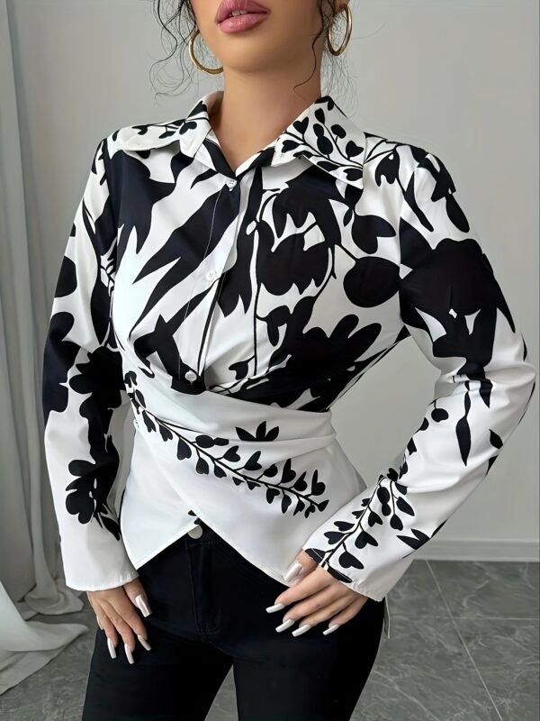 Women's Elegant 3D Floral Print Cross-Tie Blouse - Square Neck Long Sleeve Shirt, Machine Washable Non-See-Through Fabric for Spring Summer Fall, Casual & Formal Wear, Floral Print Blouse, Seasonal Fashion Top, Singlesided Button Closure - Image 7
