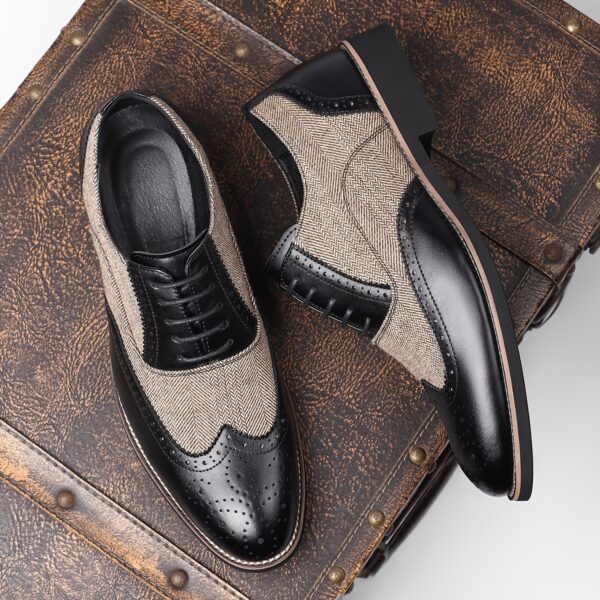 Men'S Vintage Business Casual Shoes - Low-Top Lace-Up Dress Shoes with Pointed Toe, Faux Upper & Inner, Rubber Sole & Insole, Beige & Brown Striped Design for Daily & Professional Wear, Classic Dress Shoes, Fabric Lined Interior - Image 6
