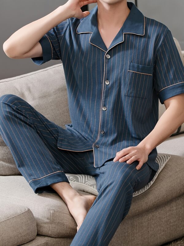 2 Pcs Men's Simple Navy Blue Stripe Print Lapel Collar Short Sleeve & Trousers Cotton Pajama Set, Comfortable & Skin-friendly Style Pajamas For Men's Cozy Loungewear