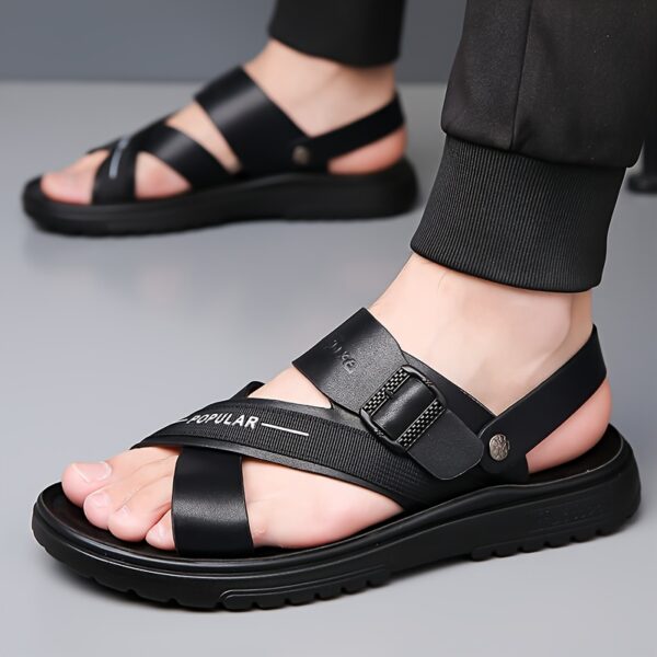 Men's Slip-On Sandals - Soft Cushioned Insole & Arch Support - PU Beach Shoes for Driving, Outdoor, Casual - Wide Width Available - Black - Easy-Clean Summer Footwear, Comfortable Driving Shoes, Sleek Strap Design, Breathable Material - Image 4