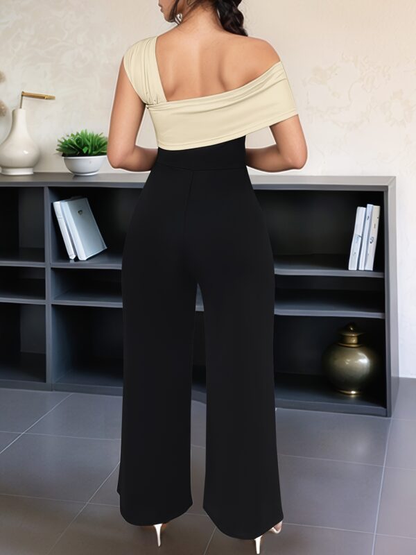 Women'S One-Shoulder Asymmetrical Neckline Jumpsuit - Black & Beige Two-Tone Contrast, Slim Fit Stretchy Wide-Leg Pants for Summer Commute & Casual Outings, Elegant Evening Wear, Highquality Fabric - Image 3