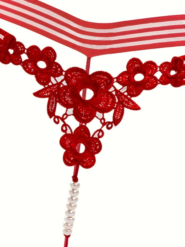1pc Sexy Beaded Thong Panties for Women, 100% Polyester Knit Fabric, Solid Color, Drop Waist, Mini Embroidered V-String Underwear, Adult Thong Style, 105gsm - Red - Image 3