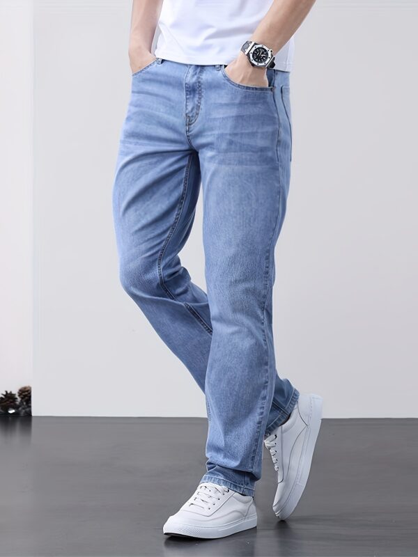 Men's Classic Blue Jeans - Lightweight Stretch Denim, Slim Fit Straight Leg with Pockets, Machine Washable, Versatile for Everyday & Outdoor Wear, All-Season Comfort, Polyester Blend, Mid-Rise Design - Image 4