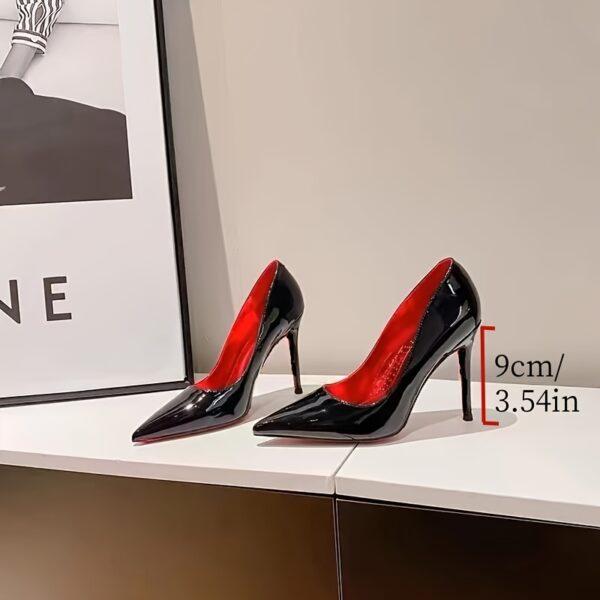 Women's Pointed Toe Glossy Synthetic Cover Stiletto High Heel Pumps - Black with Red Accents, All-Season Versatile Dress Shoes for Formal & Casual Outfits, Stiletto Heels, Formal Footwear, Durable Rubber Sole, Polished Finish Shoes - Image 9