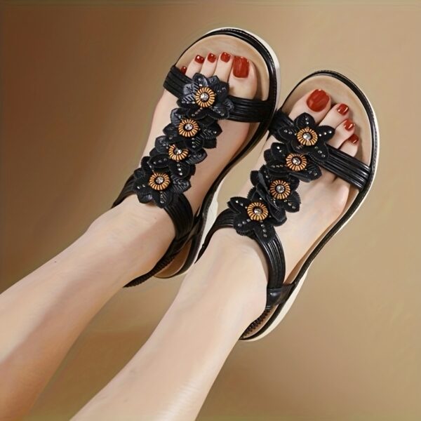 Women'S Elegant Beaded Flat Sandals - Adjustable Elastic Band, Non-Slip TPR Sole, Open-Toe Summer Beach Shoes in Brown & Black, Comfortable Casual Footwear, Strappy Sandals - Image 4