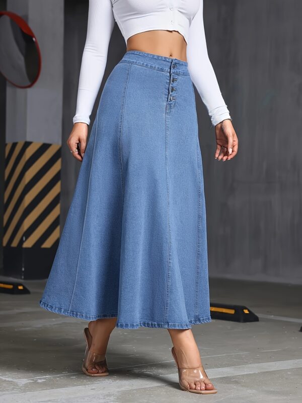 4038 Women's Elegant Stretch Denim Skirt - Wide Swing Summer Length with Button Detail, Machine Washable Regular Fit Solid Color for Casual & Formal Wear, Everyday Fashion, Comfortable Fashion - Image 2
