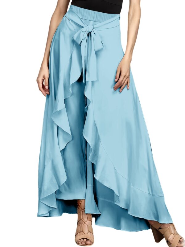 Women'S Light Blue Ruffle Hem Maxi Pants - Casual Solid Color Straight Leg with Belt Detail, Flowy Design for All Seasons, Polyester Fabri - Image 32