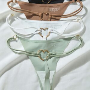 4pcs Women's Low-Rise Thong Underwear - Seamless Quick-Dry Comfort with Heart-Shaped Metallic Rings, Soft Stretch Fabric, 4 Colors (Black/Brown/White/Light Green) for Spring & Summer, Quickdry Underwear, Elegant Heart Design, Comfortable Fit