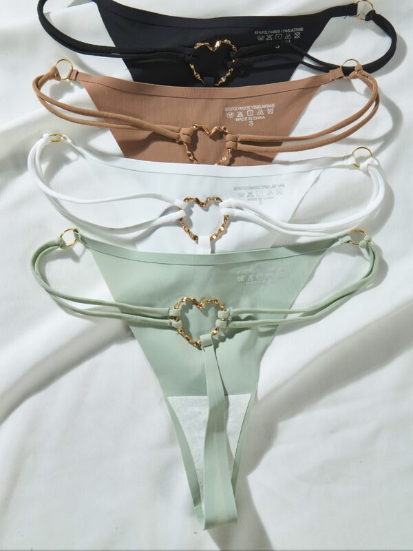 4pcs Women's Low-Rise Thong Underwear - Seamless Quick-Dry Comfort with Heart-Shaped Metallic Rings, Soft Stretch Fabric, 4 Colors (Black/Brown/White/Light Green) for Spring & Summer, Quickdry Underwear, Elegant Heart Design, Comfortable Fit