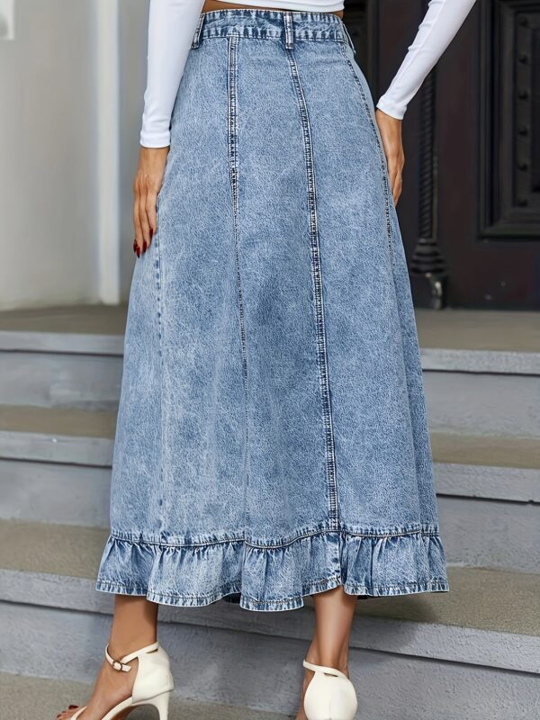 4035 Women's Elegant Pleated Button-Front Wide-Slit High-Waisted Denim Skirt - Machine Washable Summer Casual to Semi-Formal Solid Color Non-Stretch Skirt, Cute Skirts, Casual Attire, Classic Fabric - Image 2