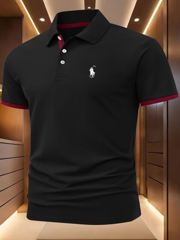 Men'S Stylish Red Polo Shirt with White Horse Logo - Casual Short Sleeve, 100% Polyester, Perfect for Outdoor Sports & Golf, Casual Summer Wear|Stylish Horse Logo|Polyester Fabric - Image 2