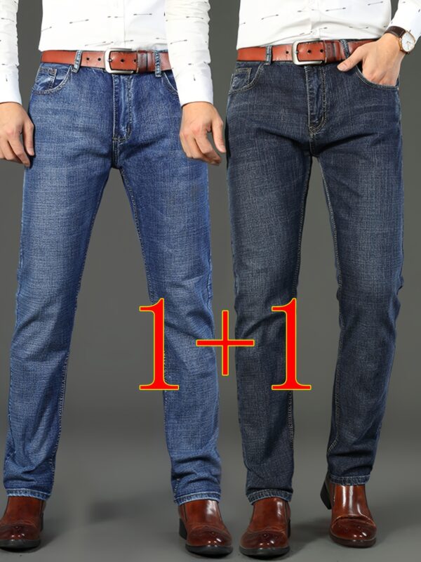 2 Pcs Men's Solid Denim Pants With Pockets, Formal Cotton Blend Jeans For Outdoor Activities