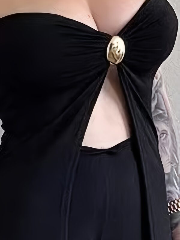 Women'S Stylish Black Strapless Two-Piece Outfit with Metal Accents - Sleeveless Top & Wide-Leg Pants, Perfect for Spring/Summer, Allseason Attire|Sleek Black Outfit|Polyester Fabric - Image 5