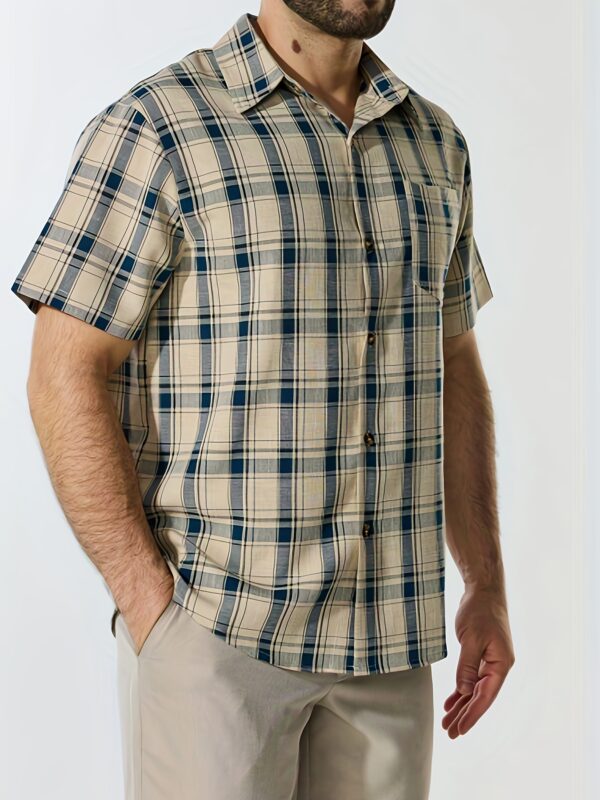 Men's Stylish Black & White Plaid Button-Up Shirt with Chest Pocket - Short Sleeve, Classic Collar, Casual Summer Wear, Polyester Fabric, Mature Design - Image 4