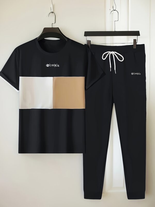 Men'S Casual Color-Blocked Short-Sleeve Round-Neck Loungewear Set with Long Pants - Image 8