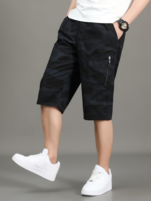 Men'S Casual Summer Shorts - Washed Cotton, Camouflage Print, Double Zipper Pockets, Elastic Waistband, Loose Fit, Cotton Short