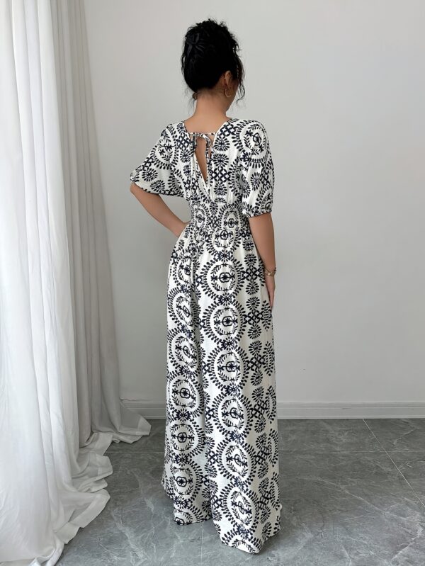 Women'S Bohemian Print V-Neck Jumpsuit with Tie Waist & Wide Legs - White & Brown Geometric Pattern, Short Sleeve, All-Season Vacation Style, Perfect for Casual or Stylish Outfits, Bohemian Dress - Image 8