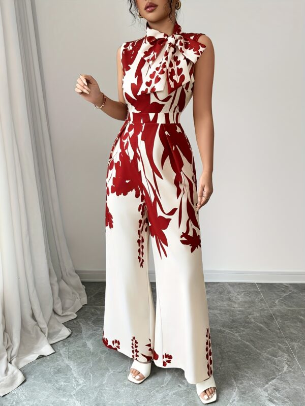 Women'S Elegant Floral Print Jumpsuit - High Neck, Sleeveless, Wide-Leg, Polyester, All-Season, Stylish Red and White Design, Elegant Attire|Floral Print Jumpsuit|Polyester Fabric - Image 3