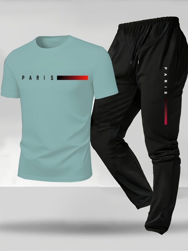 Men's Letter Print Short Sleeve Long Pants Loungewear Set - Image 2