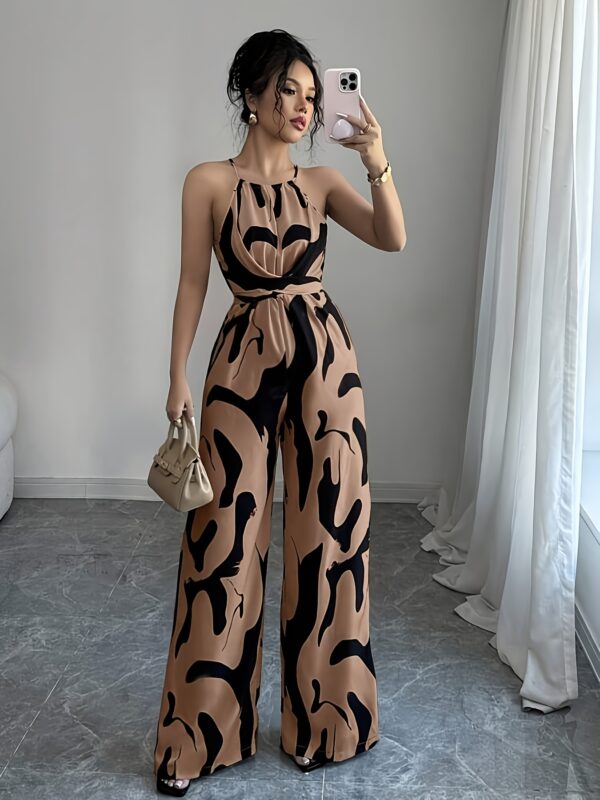 Women'S Elegant Halter Neck Jumpsuit with Tie Waist & Wide-Leg Print - Brown & Black Geometric Pattern, Sleeveless Ruched Design for Vacation & Casual Wear, Vacation Outfit, Stylish Backless, Comfortable Fit