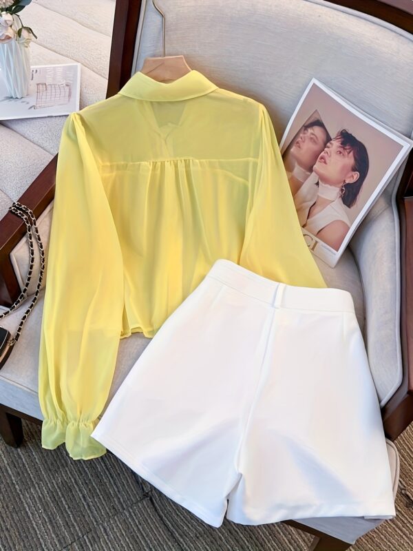 Women's Lapel Neckline Sheer Top Shirt White Casual Pants Set 2pcs Spring Summer Suit NS702 - Image 2