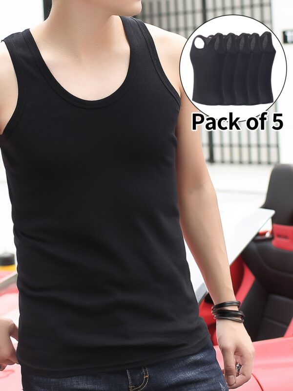 Set of 5 Summer Men'S Athletic Training Fitted Sleeveless Undershirts, Stretchy for Inner Wear.