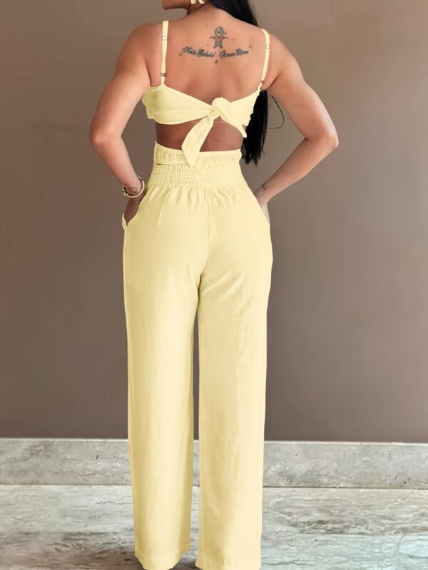Women's Mint Green Casual Jumpsuit - Thin Strap Top & Wide-Leg Pants with Bow Detail, Solid Color Non-Stretch Fabric, Machine Washable All-Season Outfit, Summer Fashion, Sophisticated Design, Casual Attire, Lightweight Fabric, Stylish Romper, Fashion Lovers - Image 8
