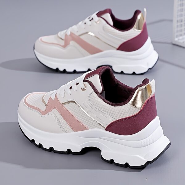 Women'S Fashion Sneakers, Lightweight Running Shoes with Thick Sole, Breathable Mesh Casual Lace-up Outdoor Athletic Shoes, Solid Color All-Season Footwear, Fabric Upper, TPU Sole