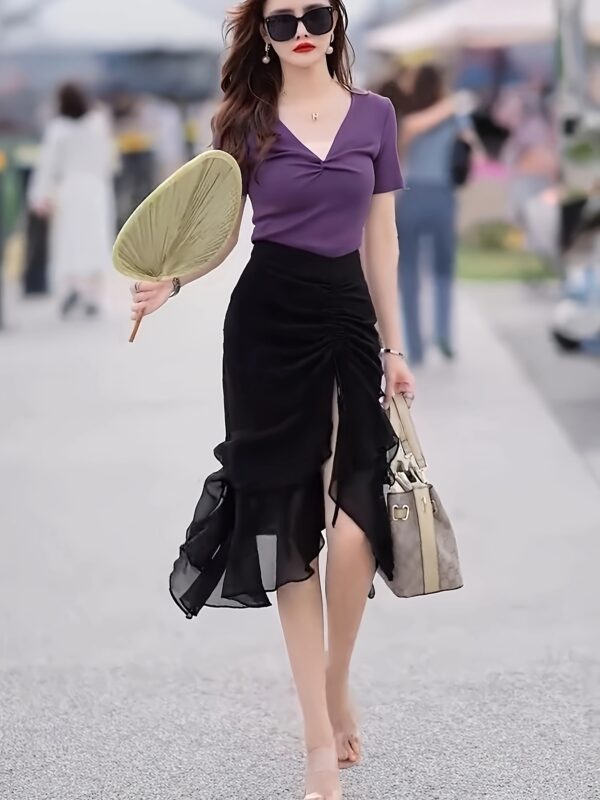 Women's Black Chiffon Midi Skirt with Asymmetrical Hem & Elastic Waist - A-Line Flared Design for All-Season Versatile Wear, Office to Party Outfits, Elegant Fabric Drape - Image 5