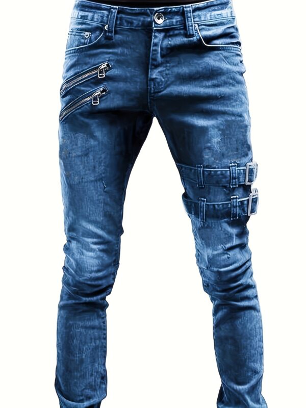 Men's Streetwear Distressed Skinny Jeans with Zipper Pockets - Stretch Denim Regular Fit Blue Casual Pants for All-Season Wear, Street Style Clothing | Ripped Design Jeans | Durable Fabric Jeans, Ripped Jeans - Image 3