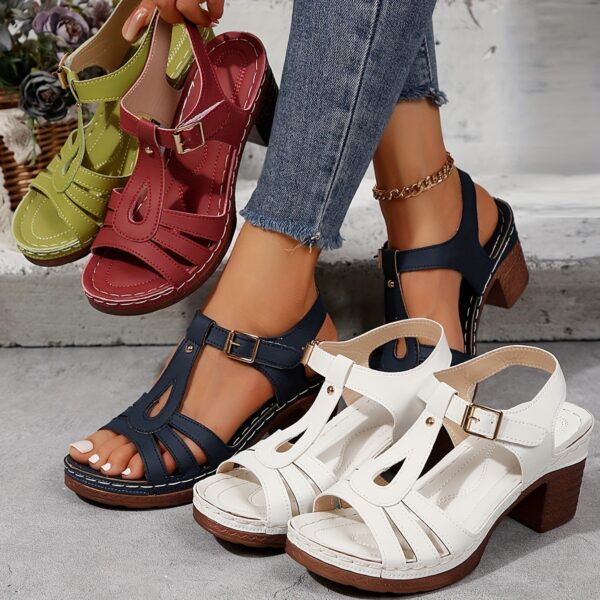 Women's Solid Color Stylish Sandals, Summer T-Strap High Heels, Casual One-Strap Non-Slip Chunky Heels - Image 38