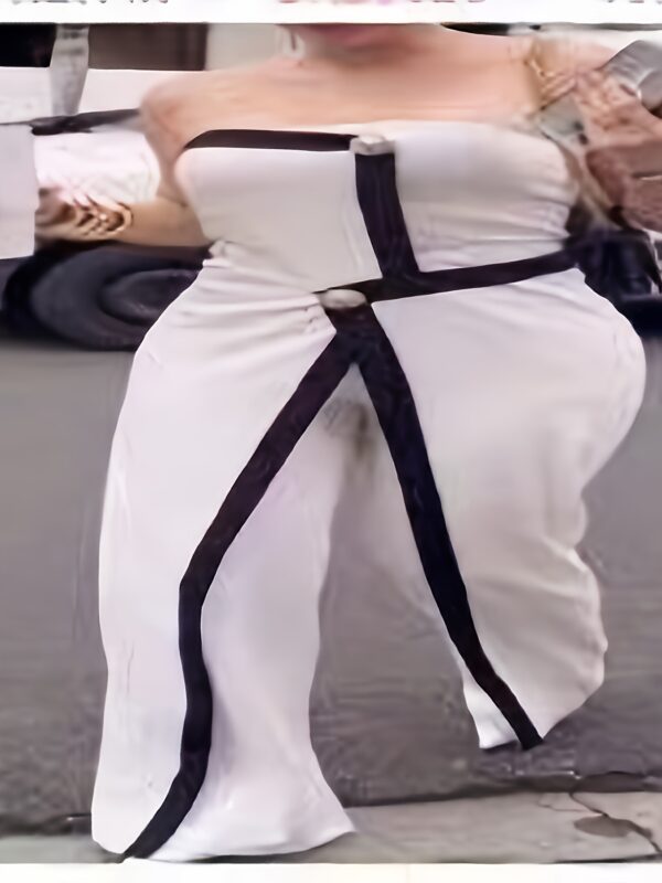 Women'S Chic Black and White Strapless Wide-Leg Jumpsuit - Polyester, White & Black Color Block Design, Perfect for Summer Shopping, Leisure, and Vacation Wear | Sleeveless Fashionable Jumpsuit | Construction | Comfortable Fit - Image 9