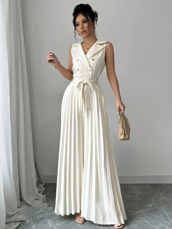 Women's Elegant Double-Breasted Pleated Jumpsuit - Sleeveless, Tie-Waist, V-Neck, Semi-Sheer Polyester - Beige, All-Season, Machine Washable, Versatile Clothing | Tiewaist Fashion | Sophisticated Look - Image 6