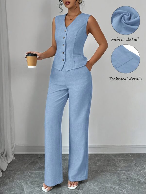 Women'S Elegant Sleeveless V-Neck Waist Tie Front Vest and Straight Leg Pants Set - Solid Color, High-Waisted Wide-Leg Pants with Button Details, Perfect for Spring/Summer Commute or Casual Outings, Versatile Fashion | Sleek Modern Look | Button Detailing - Image 5