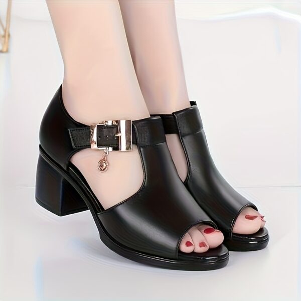 Women'S Fashion Summer High Heels | Open Toe Gray Black Fish Mouth Chunky Heel Sandals with Pendant Accessory Design, Soft Lightweight Cool Roman Style Women'S Shoes Suitable for Ladies and Moms, Perfect for Commuting, Parties, and Events, Hollow Out Open Toe High Heels with Adjustable Ankle Buckle, Secure Fit, Adds Elegance to Any Look - Image 13