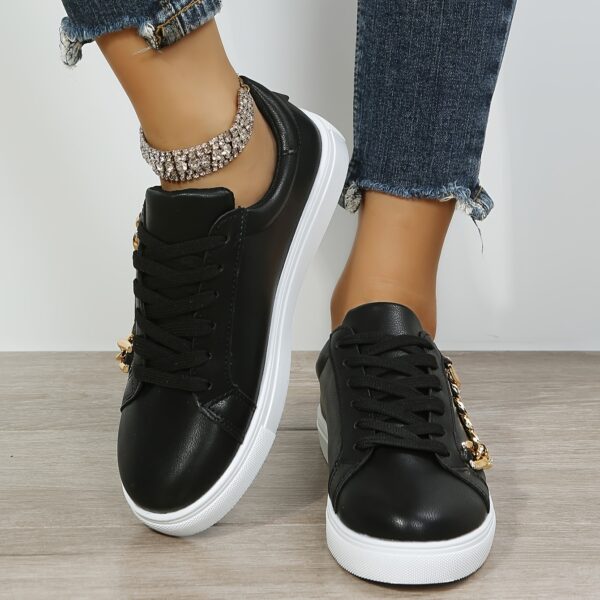 Women's Low-Top White Sneakers with Golden-Tone Chain Accents - Upper, Breathable Mesh Lining & TPR Sole - All-Season Casual Shoes for Casual Attire, Ladies Sneakers, Versatile Footwear, Trendy Footwear, Comfortable Fit, Urban Lifestyle - Image 4