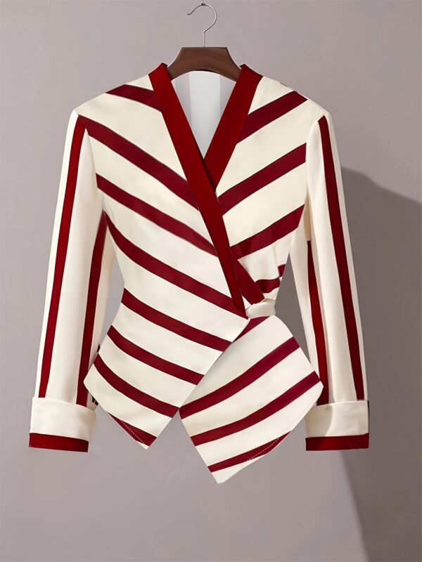 Women's Chic Striped V-Neck Blouse with Lace-Up Detail - Long Sleeve, Red & Cream Horizontal Stripes, Polyester Fabric, Perfect for Spring/Summer Commute or Casual Wear, Ladies Blouses