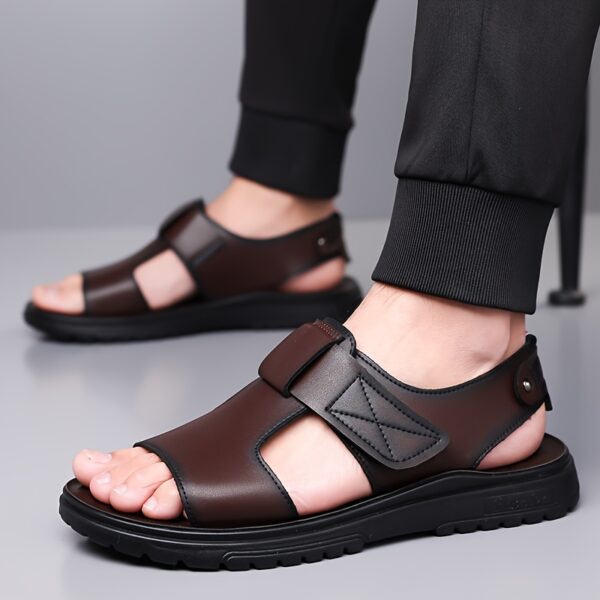 Men's Summer Sandals - Thick Sole Non-Slip Beach Shoes, Soft Casual Fashion Sandals with Adjustable Hook & Loop Strap, Brown Upper & Black Rubber Sole for Everyday Comfort - Image 7