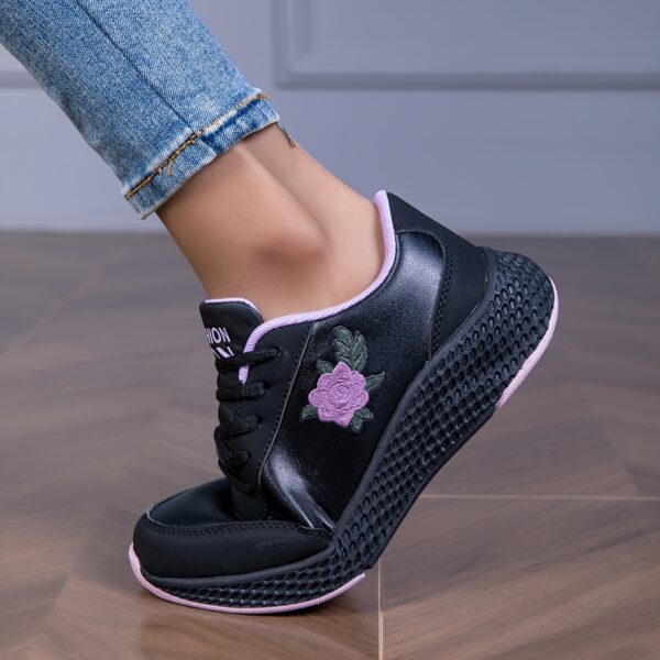 Women'S Black Sneakers with Pink Rose Embroidery - Lightweight, Soft Sole, Comfortable Lace-Up Low Top Sneakers, All-Season Outdoor Shoes, Stabilizing Support, Microfiber Leather Upper, EVA Sole, Fabric Lining, Allseason Sneakers | Rose Embroidery Sneakers | Comfortable Footwear - Image 7