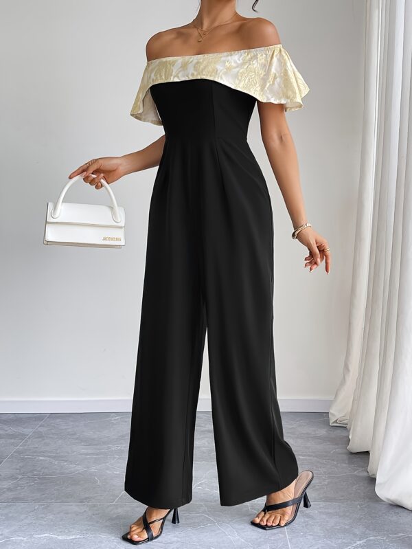 Women'S Elegant Off-Shoulder Jumpsuit with Golden Floral Detail - High-Waisted Wide-Leg Pants, Black & White Contrast, Perfect for Spring/Summer, Adult Fashion, Stylish Outfit | Floral Detail Jumpsuit | Polyester Fabric - Image 4