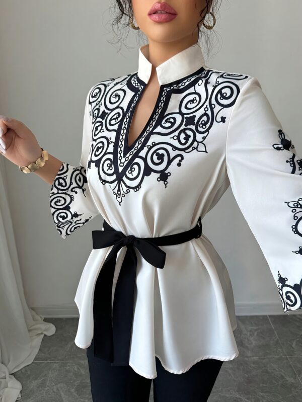Women's Elegant Printed Loose-Fit Mid-Length Shirt with Waist Tie - Image 3