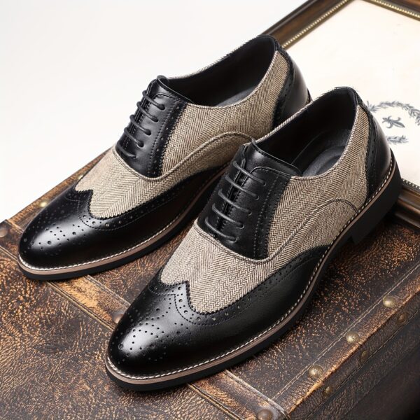Men'S Vintage Business Casual Shoes - Low-Top Lace-Up Dress Shoes with Pointed Toe, Faux Upper & Inner, Rubber Sole & Insole, Beige & Brown Striped Design for Daily & Professional Wear, Classic Dress Shoes, Fabric Lined Interior - Image 4